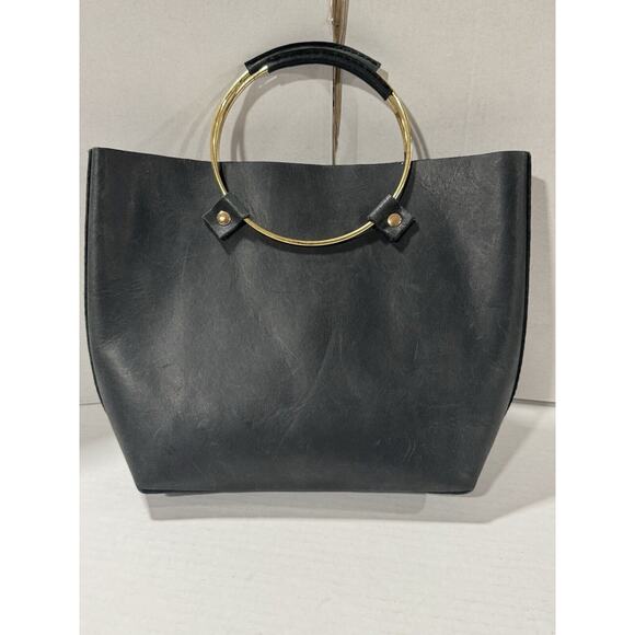 Anthropologie Black Tribe Alive Suede Lux Handbag Gold Handles Strap - Picture 1 of 10